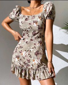 Shein Floral Puff Sleeve Ruffle Dress