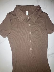 Brown Ribbed Polo Maxi Dress