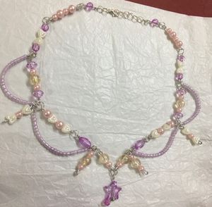 Fairy Purple crystal&amp;Pink Bead Loop Necklace