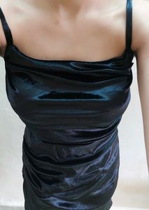 Short Black Dress With Slit And Ruched Detail