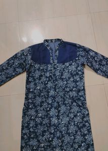 Cotton Jeans Fabric Floral Print450 Kurti For Girls,Colour-navy Blue With Floral Print