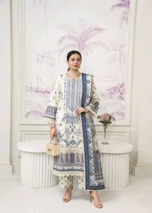Elegant Cream &amp; Blue Printed Salwar Kameez