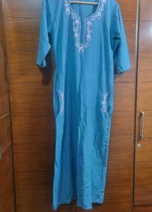 Warm Nighty With Embroidery And Pockets