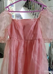 Pink Organza Puff Sleeve Dress