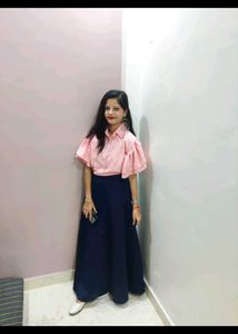 Pink Top &amp; Blue Palazzo Set