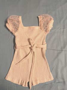 Ribbed Romper with Sheer Sleeves