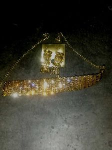 Gold Rhinestone Necklace &amp; Earring Set