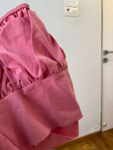 Pink Puff Sleeve Crop Top with Tie-Back Bow