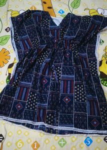 Patterned Navy Caftan with Lace Trim