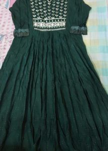 Dark Green Cotton Anarkali With Beautiful Work
