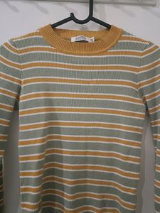 Women Mock Neck Yellow Stripes Sweater