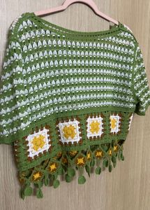 Green Crochet Boho Top with Sunflower Accents