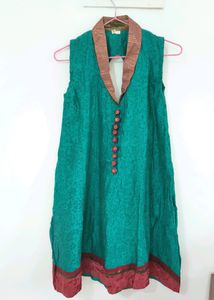 Collar neck Turquoise Kurta With Red Velvet Border