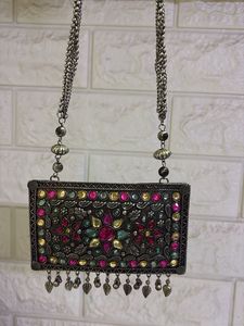 Oxidized Silver Floral Gemstone Statement Necklace
