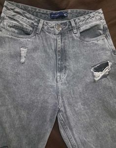 Grey Ripped Wide Leg Jeans