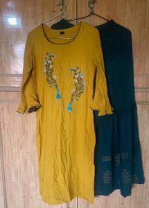 Yellow And Green Kurta Set With Flair Plazzo