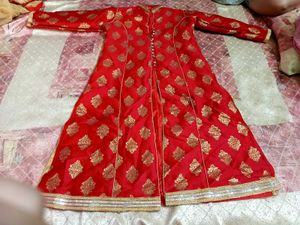 Elegant Red Banarasi Anarkali Set with Golden Moti