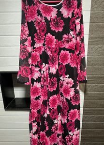 Black And Pink Floral Anarkali With Dupatta