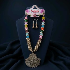 oxidised peacock design necklace set with earrings