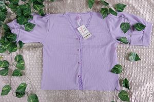 Lilac Ribbed Puff Sleeve Button-Down Top