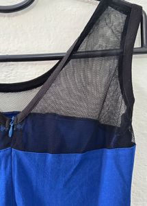 Elegant Blue Fit &amp; Flare Dress with Sheer Mesh