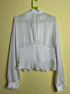 White Tie-Neck Ruffle Blouse