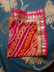 Red Bandhani Sari with Silver Border