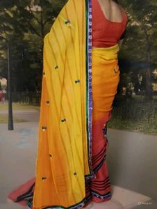 Elegant Yellow red & Orange triple shade Saree