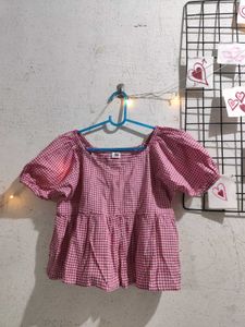 Pink Gingham Puff Sleeve Top