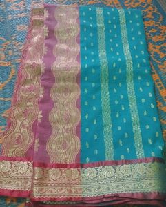 Teal & Pink Sari with Gold Accents