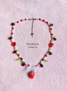 Custom Strawberry Charm Bow Beaded Necklace