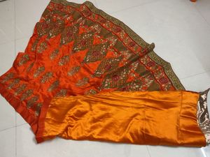 Unstitched Lehenga Orange With Rose Flowers Leheng