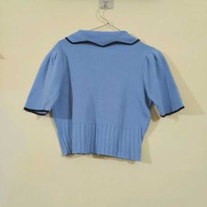 Korean Blue Cropped Cardigan Top