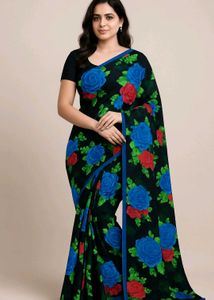 Floral Black Chiffon Saree