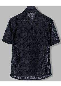 Black Lace Crochet Short Sleeve Shirt