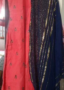 Coral &amp; Navy Embroidered Kurta Set