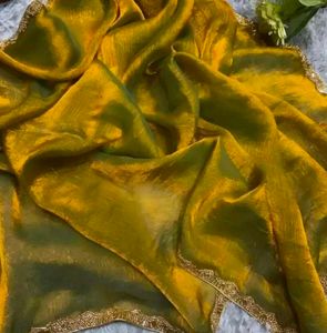 Trendy golden Saree with designer blouse