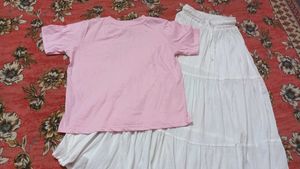 Cute Pink Tee & White Skirt Set