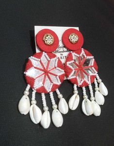 Red mirror work Cowrie Shell  Earrings