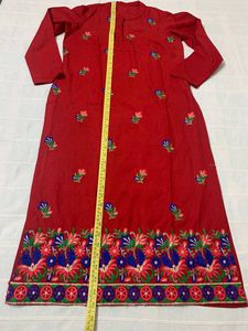 Kashmiri Red Embroidered Kurta Pant Set