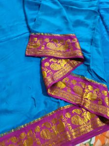 Blue And Pink Pure Crepe Silk Saree