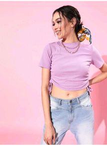 Ribbed Crop Top with Drawstring Detail