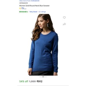 HERE&amp;NOW Solid Round Neck Casual Women Blue Sweater