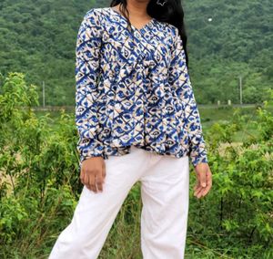 Blue Patterned Long Sleeve Top