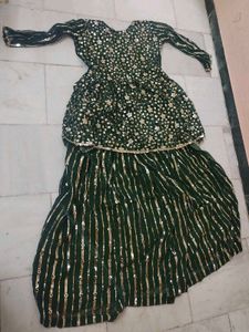 Green &amp; Gold Embellished Sharara Suit