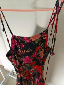 Black Floral Printed Backless Tie Up Maxi Dress