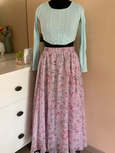 Light Blue Crop Top With Lilac Skirt