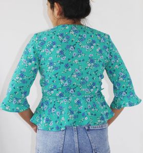 Green Wrap Up Shirt With Floral Patterns