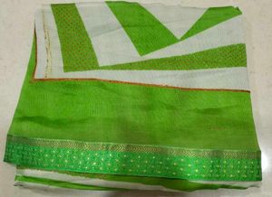 Green & White Striped Saree with Gold Details
