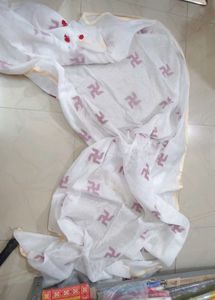 White And Red Swastik Print Saree